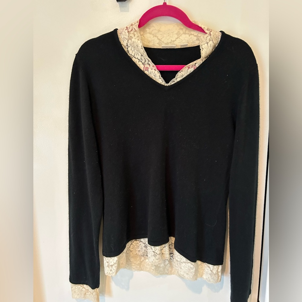 Cato Black Top with Cream Lace Detail
